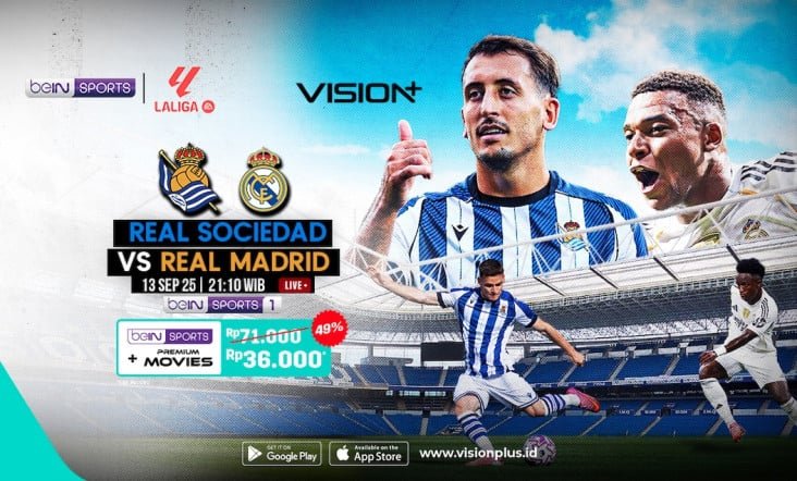 Jadwal kemudian Link Nonton Real Sociedad vs Real Madrid LaLiga pada VISION+