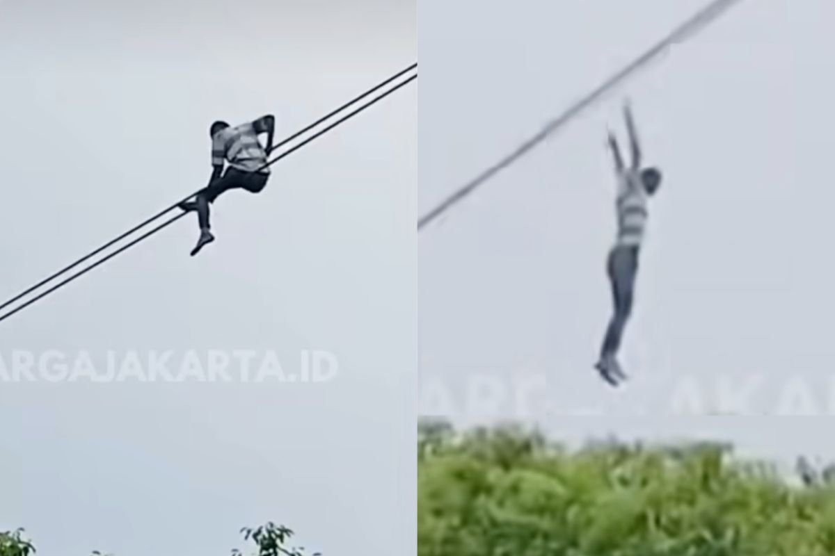 Diduga cari perhatian, pria nekat bergelantung ke kabel udara Jaksel