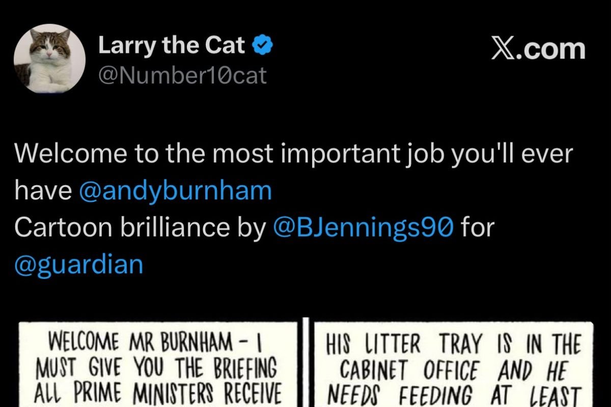 Larry the Cat sambut Andy Burham kemudian juga minta dirawat